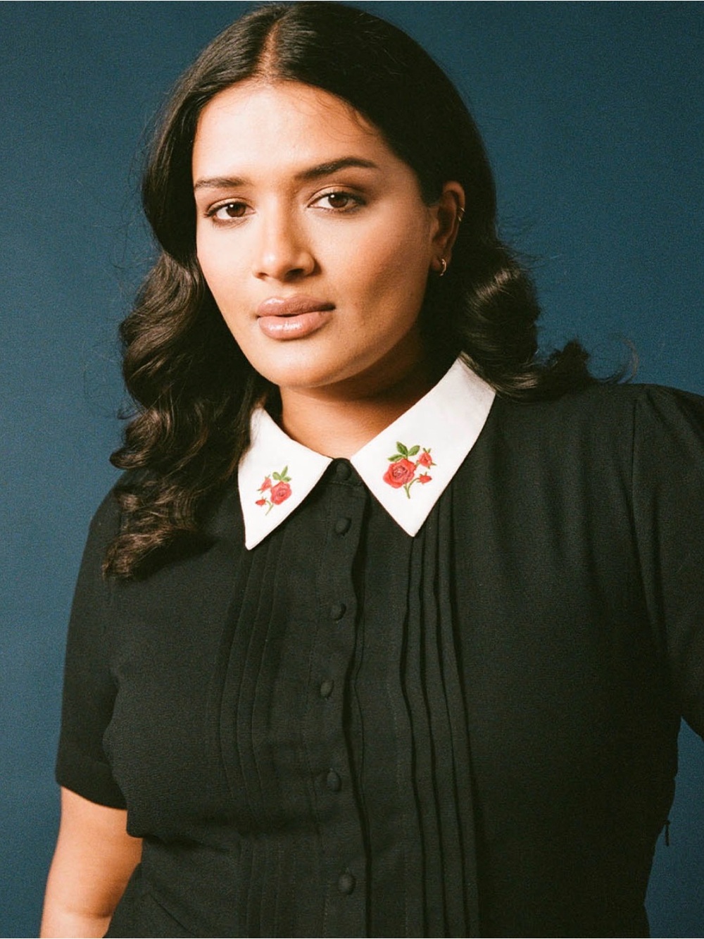 Black Midi Dress with White Embroidered Collar